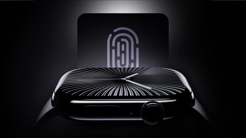 Apple Watch concept image with fingerprint authentication icon.