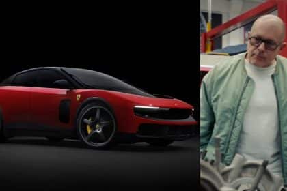 Jony Ive beside Ferrari’s futuristic electric concept car.