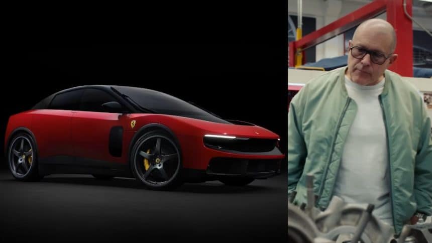 Jony Ive beside Ferrari’s futuristic electric concept car.