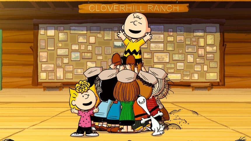 Charlie Brown and friends celebrating together at Camp Cloverhill Ranch.