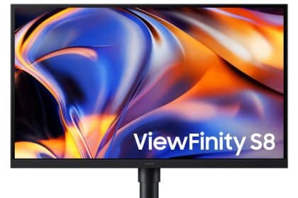 Samsung ViewFinity S8 monitor displaying a colourful abstract image on screen.