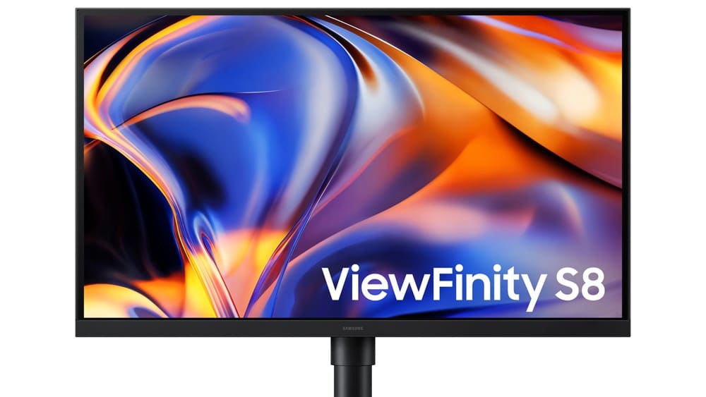 Samsung ViewFinity S8 monitor displaying a colourful abstract image on screen.