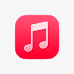 Apple Music app icon with a white music note on a pink background.