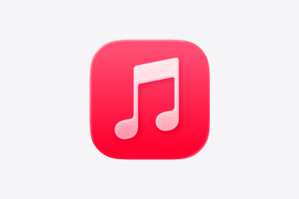 Apple Music app icon with a white music note on a pink background.