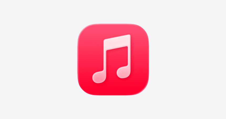 Apple Music app icon with a white music note on a pink background.