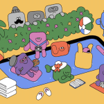 Colourful cartoon App Store characters relaxing by a pool scene.