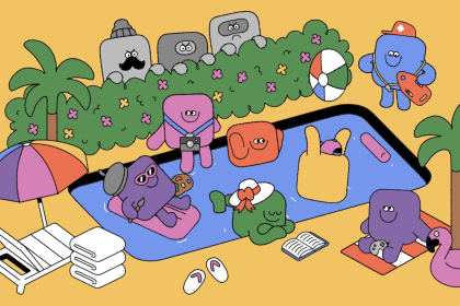 Colourful cartoon App Store characters relaxing by a pool scene.