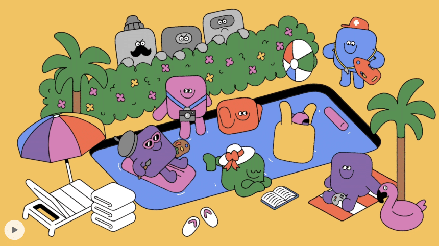 Colourful cartoon App Store characters relaxing by a pool scene.