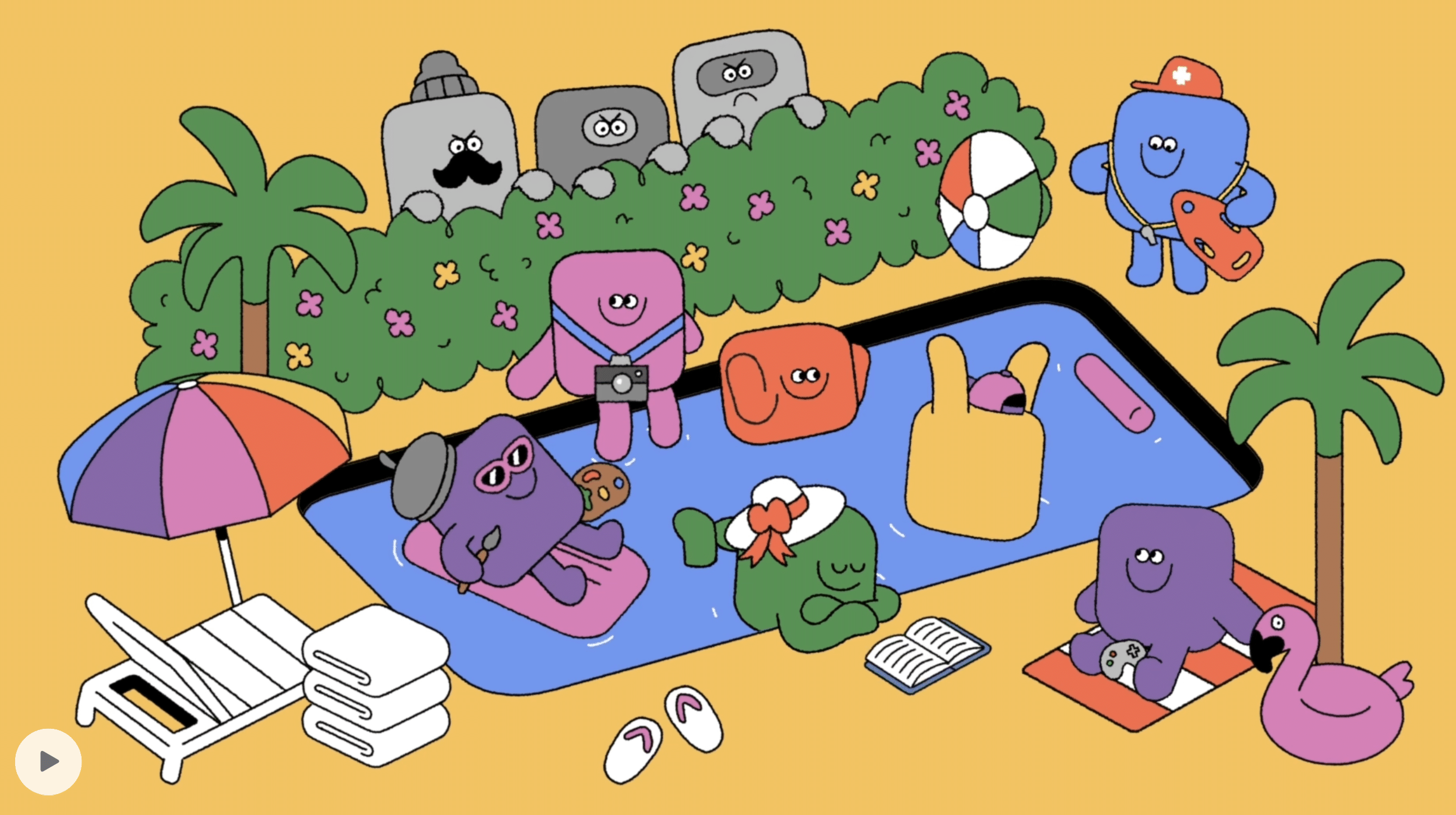 Colourful cartoon App Store characters relaxing by a pool scene.