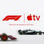 Formula 1 and Apple TV logos with racing cars in motion.