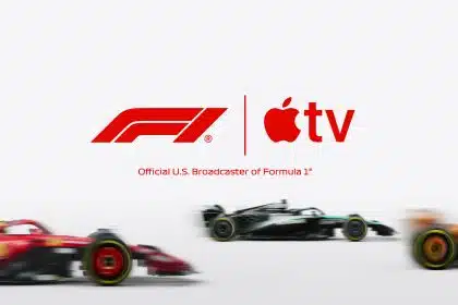 Formula 1 and Apple TV logos with racing cars in motion.