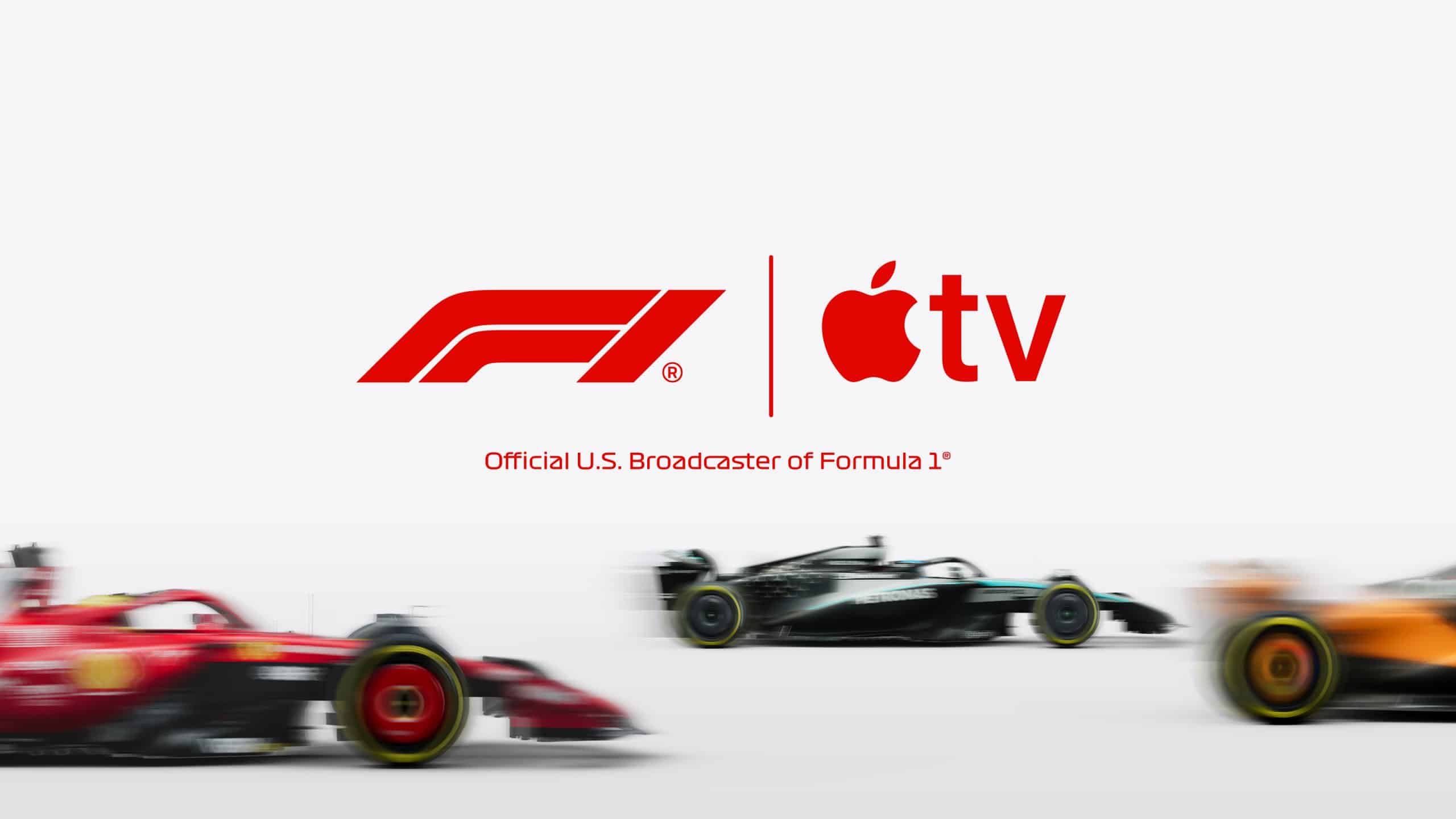 Formula 1 and Apple TV logos with racing cars in motion.