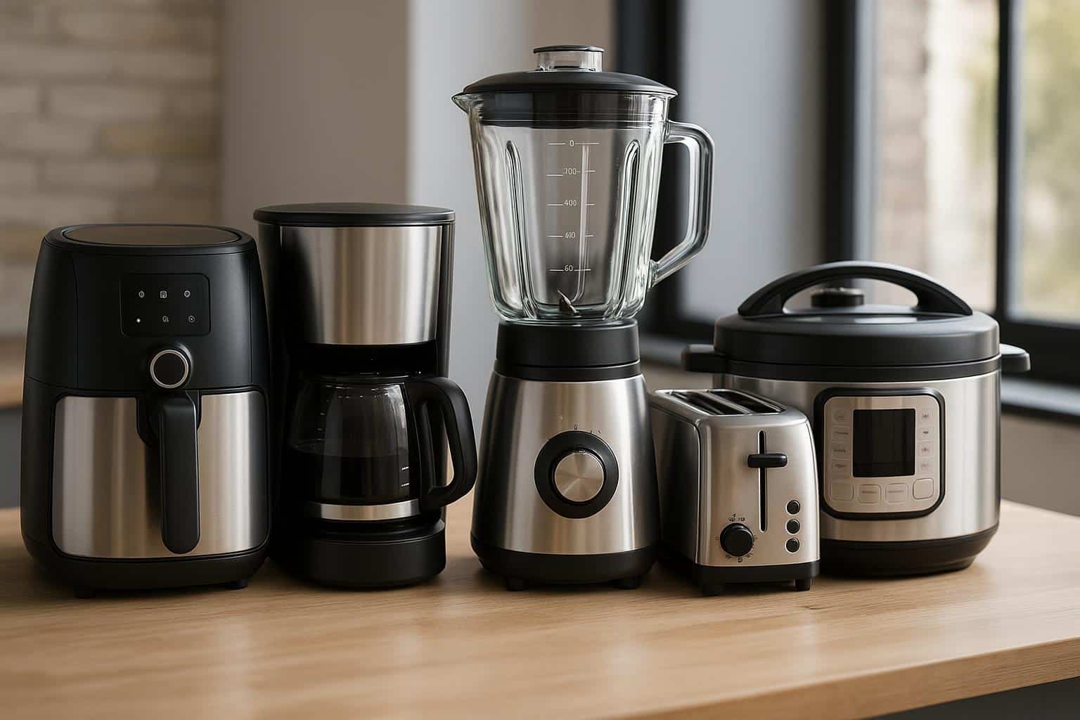 Modern kitchen countertop with top 5 essential appliances for a busy, fast-paced lifestyle