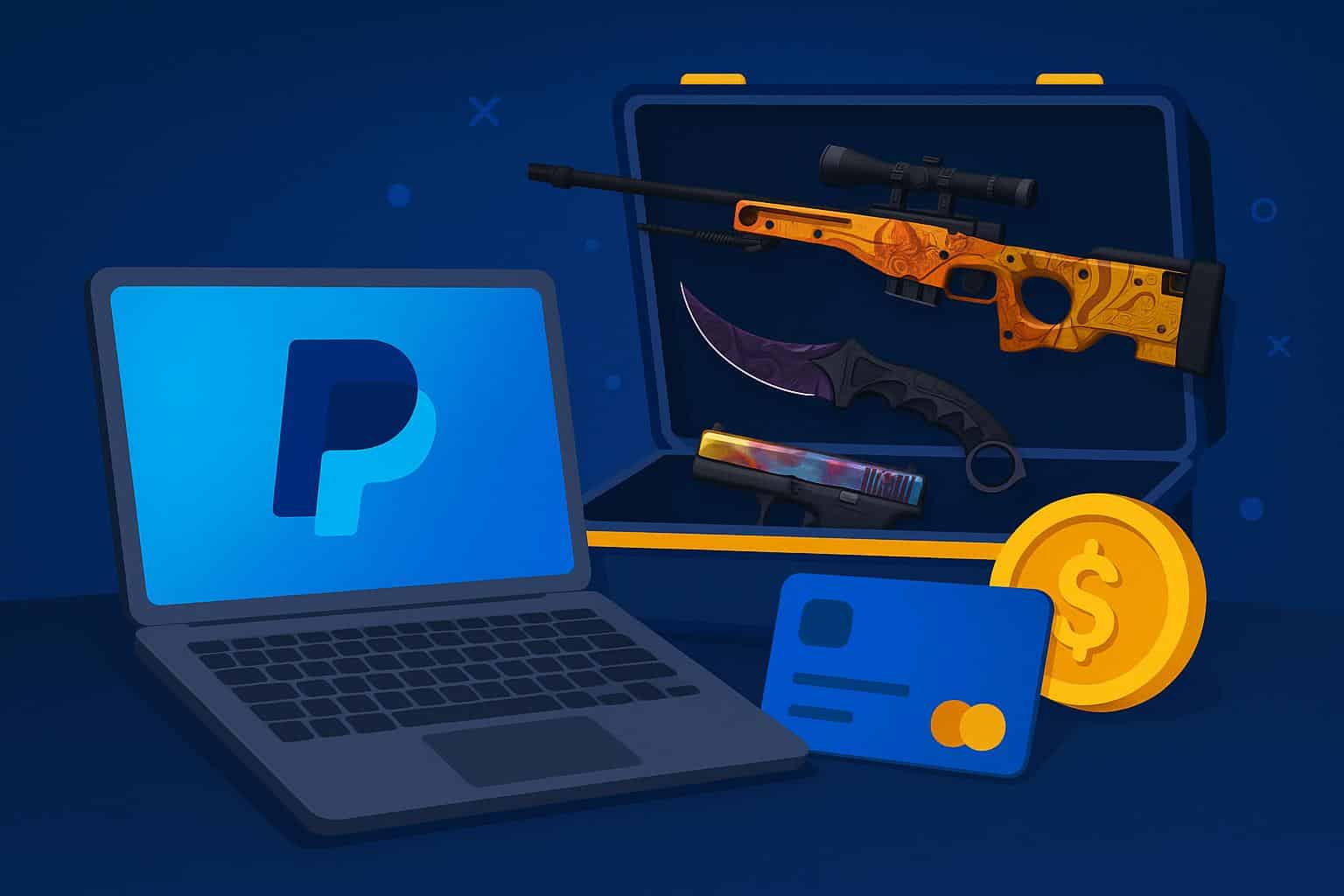 CS2 skins showcased with PayPal logo, highlighting safe and popular in-game purchase options