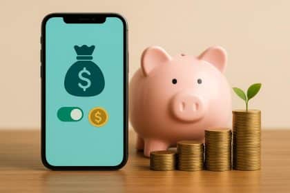 iPhone with banking app screen and automated savings features on display