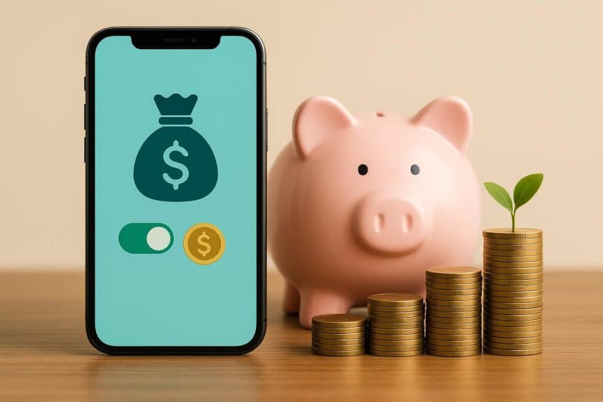 iPhone with banking app screen and automated savings features on display