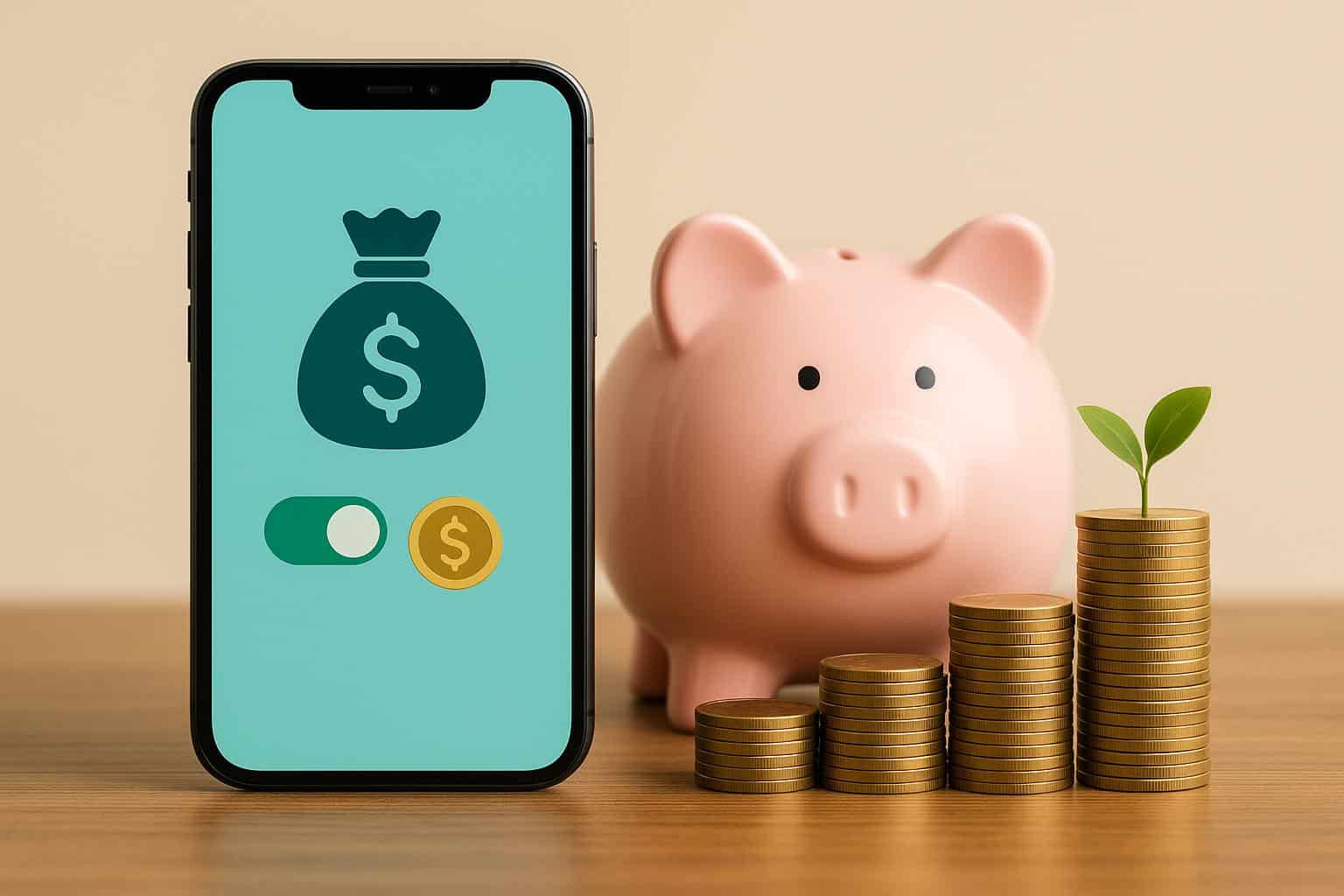 iPhone with banking app screen and automated savings features on display