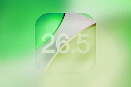 iOS 26.5 update graphic with green gradient background.