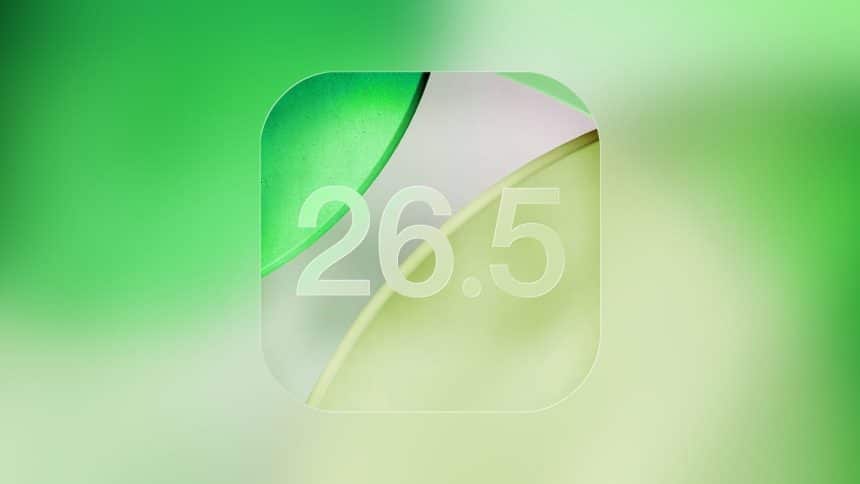 iOS 26.5 update graphic with green gradient background.
