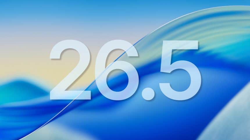 iPadOS 26.5 update graphic with blue gradient background.