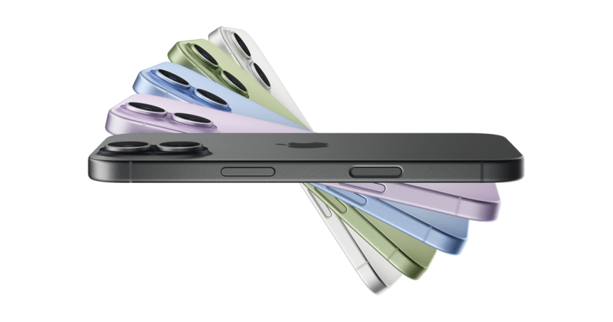 Stack of iPhones in multiple colours displayed in a fan arrangement.