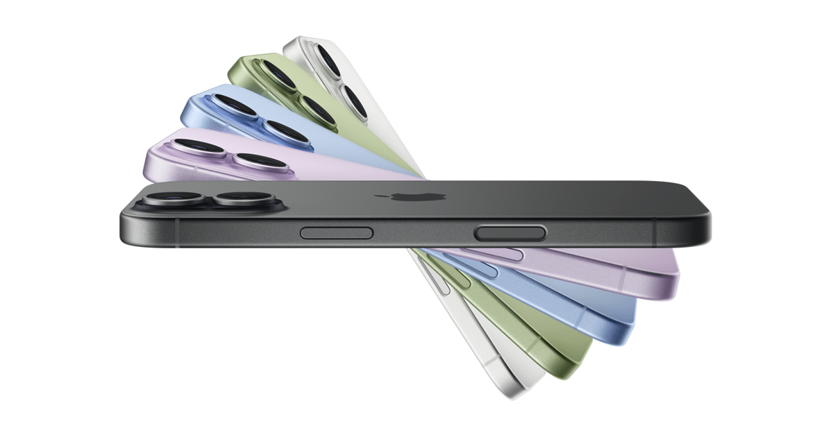 Stack of iPhones in multiple colours displayed in a fan arrangement.