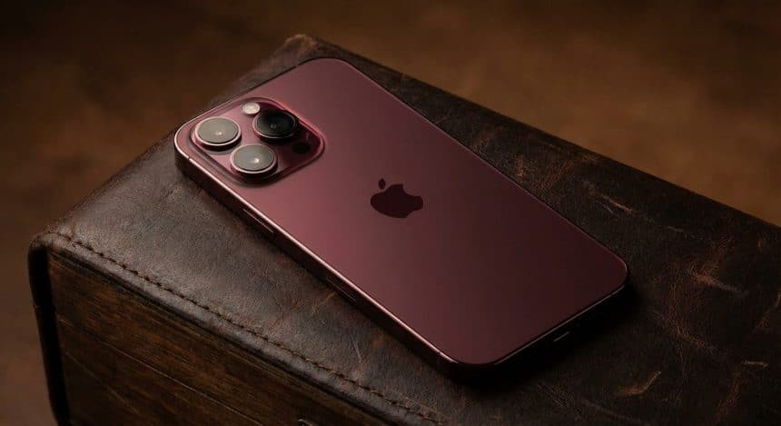 Dark red iPhone with a triple camera setup resting on a leather surface.