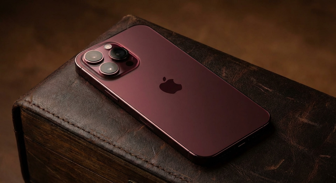 Dark red iPhone with a triple camera setup resting on a leather surface.