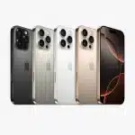 Four iPhone 16 Pro models displayed in different colours alongside a front-facing iPhone.