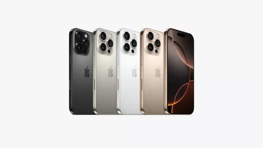 Four iPhone 16 Pro models displayed in different colours alongside a front-facing iPhone.
