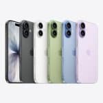 Lineup of iPhone 17 models in multiple colour options.