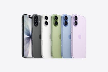 Lineup of iPhone 17 models in multiple colour options.