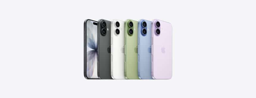 Lineup of iPhone 17 models in multiple colour options.