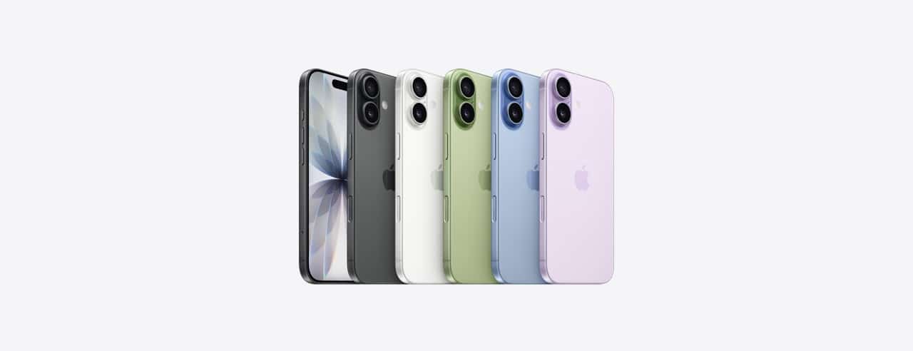 Lineup of iPhone 17 models in multiple colour options.