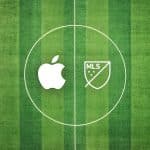 Apple and MLS logos on a soccer field graphic.