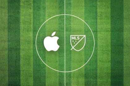 Apple and MLS logos on a soccer field graphic.