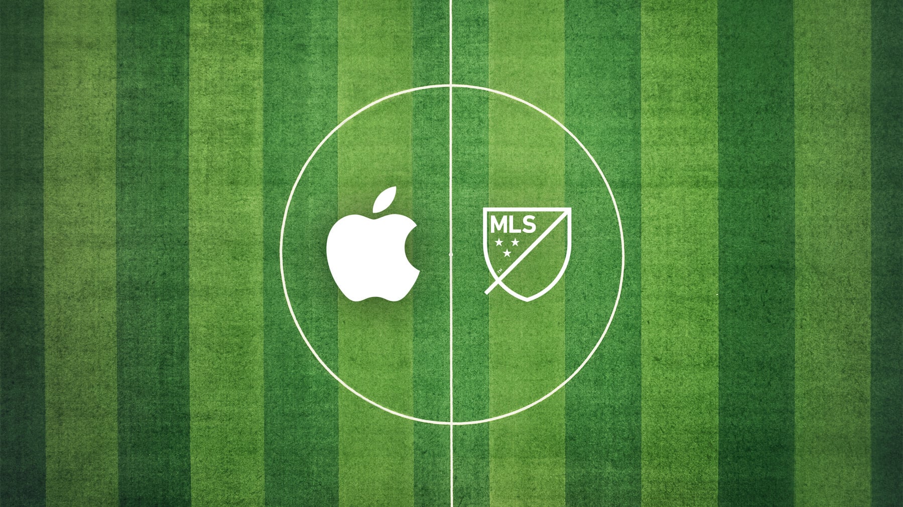 Apple and MLS logos on a soccer field graphic.