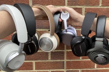 Collection of premium over-ear headphones held side by side.
