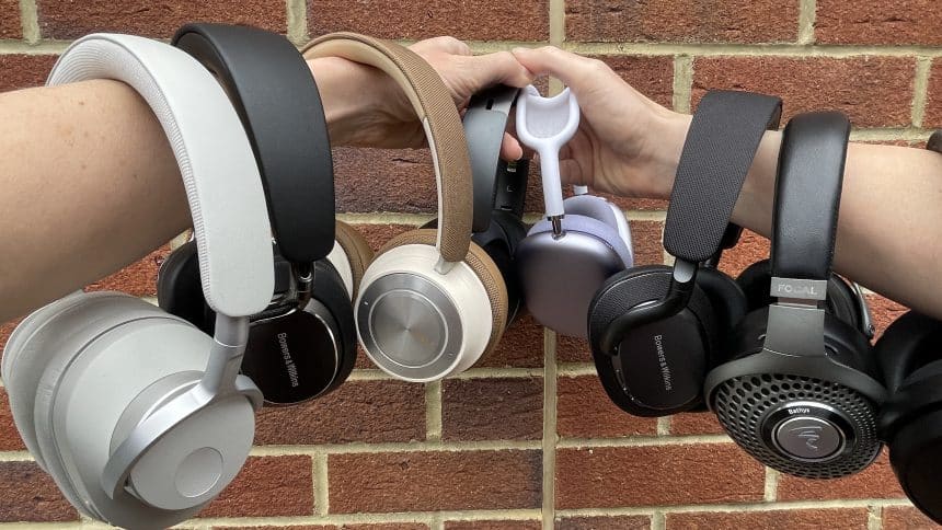 Collection of premium over-ear headphones held side by side.