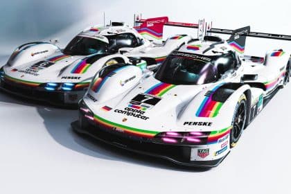 Two Porsche 963 race cars with retro Apple rainbow livery.