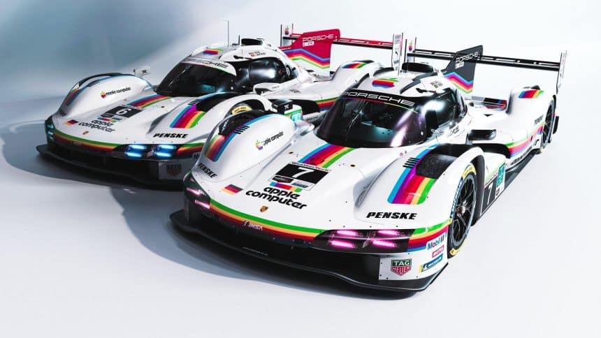 Two Porsche 963 race cars with retro Apple rainbow livery.