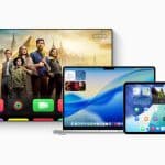 Apple devices displaying tvOS and ecosystem interface updates.