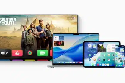 Apple devices displaying tvOS and ecosystem interface updates.