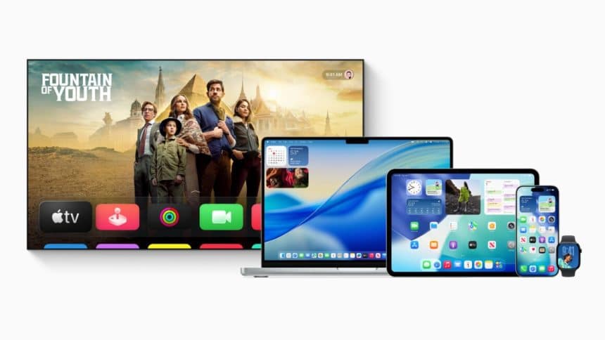 Apple devices displaying tvOS and ecosystem interface updates.