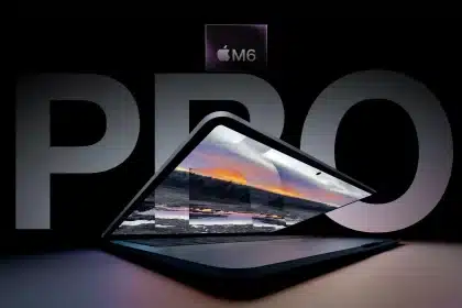 MacBook Pro promotional image with M6 chip branding.