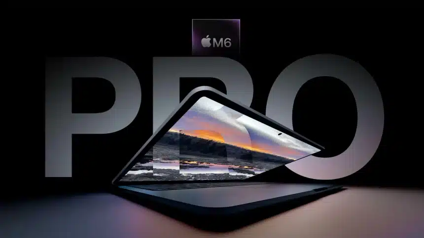 MacBook Pro promotional image with M6 chip branding.