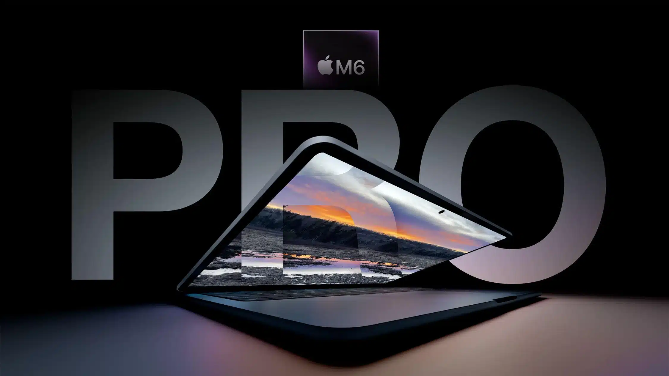 MacBook Pro promotional image with M6 chip branding.