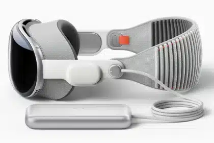 Apple Vision Pro headset with external battery pack and cable.