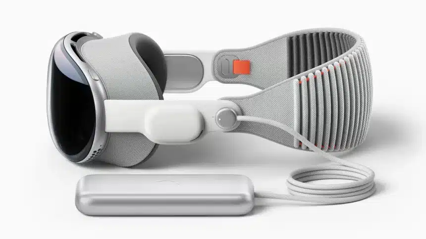 Apple Vision Pro headset with external battery pack and cable.