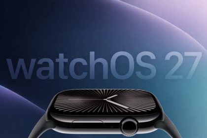 Apple Watch with watchOS 27 text on screen.